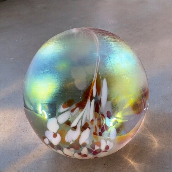 Hand Made Art Glass Paperweight Orb Polished Bottom Iridescent Glass Decor VTG - Picture 1 of 15